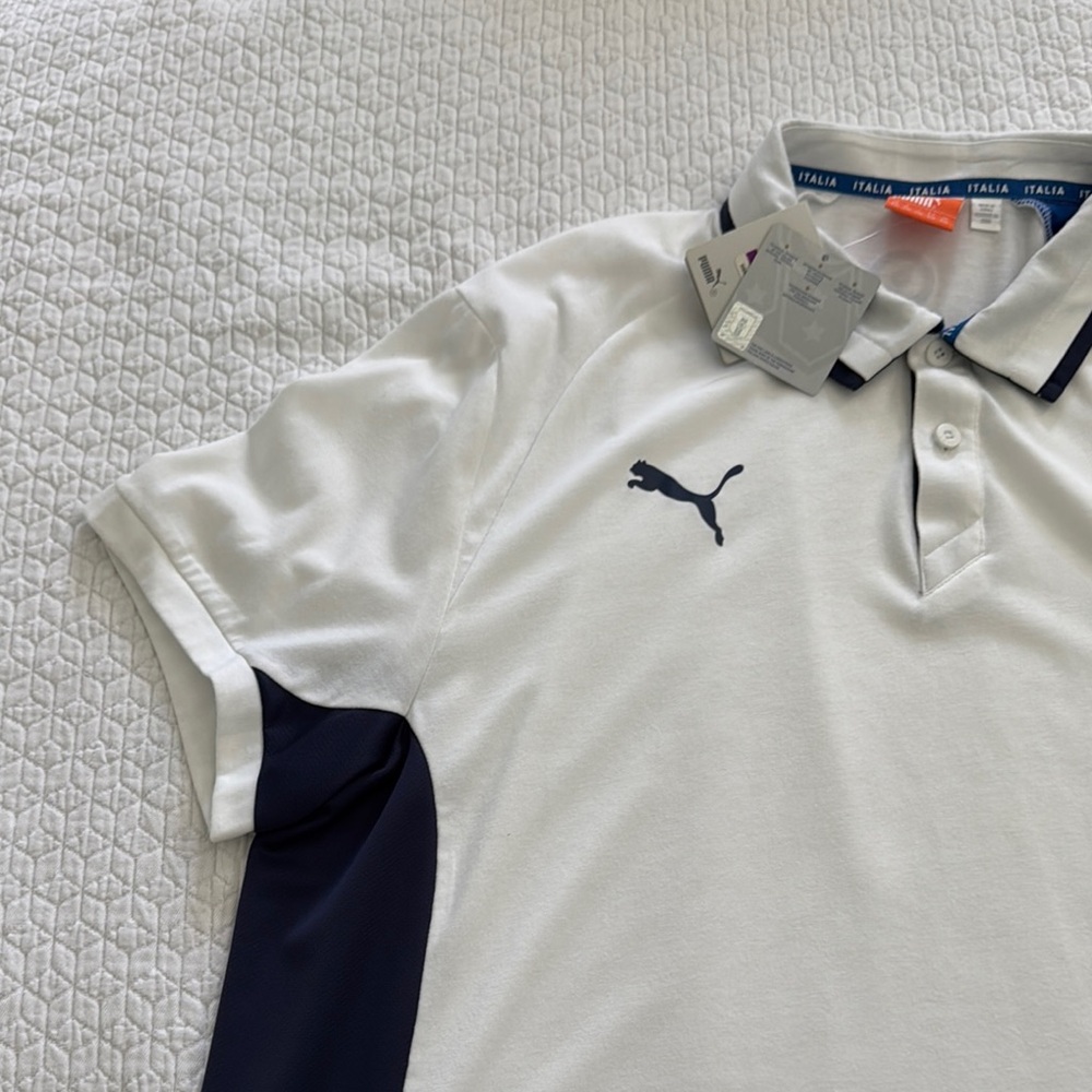New Puma White and Blue Polo Shirt with Classic Collar - Picture 3 of 6
